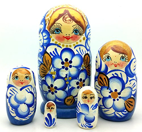Russian Nesting Doll Matryoshka Gzhel style Hand Painted Nesting Doll set of 5