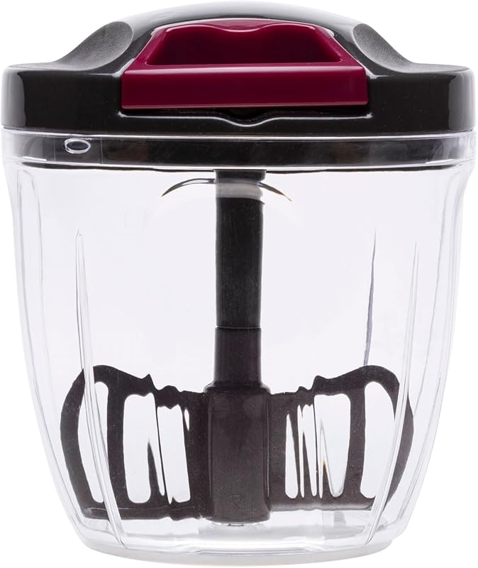 HOGAR HMAQ4506 - Chopper Manual com Corda para todos os tipos de alimentos. 4 alturas de corte. Lâmina de aço inoxidável. Capacidade de 900 ml. Inclui tampa e pá para bater