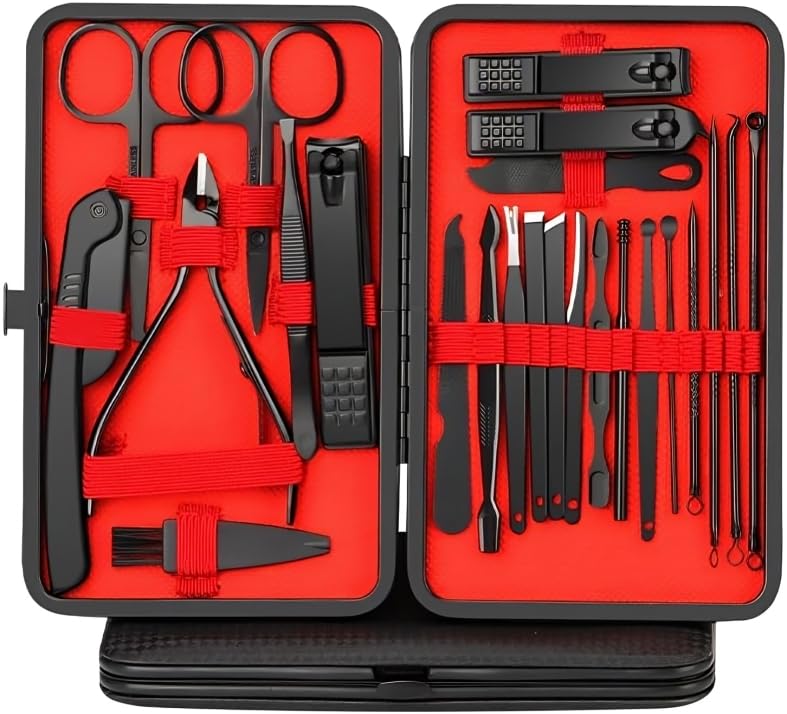 Manicure Set, 24pcs Nail Care Kit Pedicure Nail Clippers Kit Professional Manicure Tools Gift for Men, Women, Friends, and Parents (Black & Red)