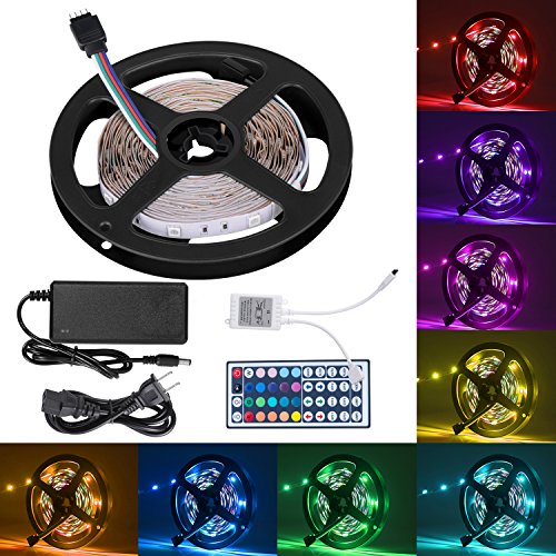 Boomile 16.4ft Flexible LED Light Strip Kit, RGB Color Changing, 150 Units 5050 LEDs Non-Waterproof, DC 12v LED Strip Lights with 44Key Remote Controller and Power Supply for Kitchen Bedroom Car Bar