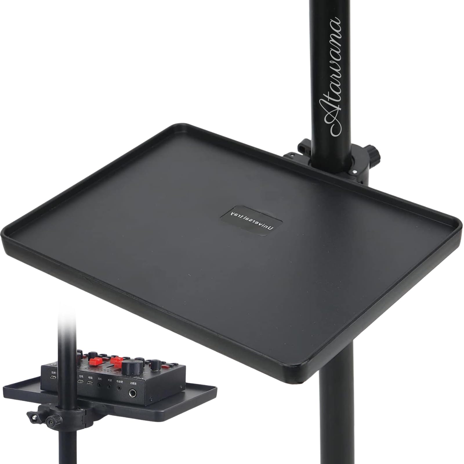 Photo 1 of Universal Microphone Stand Tray, Adjustable Mic Stand Clamp-On Utility Shelf Rack Tray Holder for Music Sheet, Live Streaming, Concert Performance, Karaoke, Recording, Music Stand Accessories