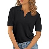Women's Wool Blend V Neck Polo Sweater Lightweight Short Sleeve Knit Top for Casual and Office Wear