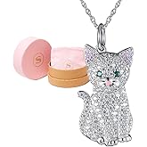 SCAMPER & CO Cat Cubic Zirconia Kitty Charm Pendant Necklaces for Women - Genuine Gemstone with Elegant Backplate, Premium Plated Sterling Silver Necklace for Women Secure Easy Closure 18 to 20 inch