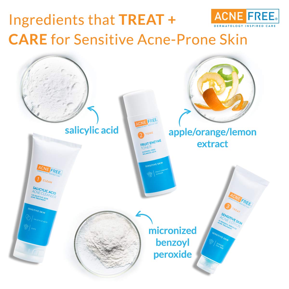 Acne Free 3 Step Acne Treatment Kit Salicylic Acid Acne Face Wash and AlcoholFree Toner with