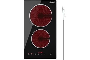 GIONIEN Electric Cooktop 2 Burners 220V~240V, Built-in 12 Inch Ceramic Burners, Double Glass Stove Top, Apartment Size Electric Radiant Cooktop with Hard Wire,3000W,No Plug