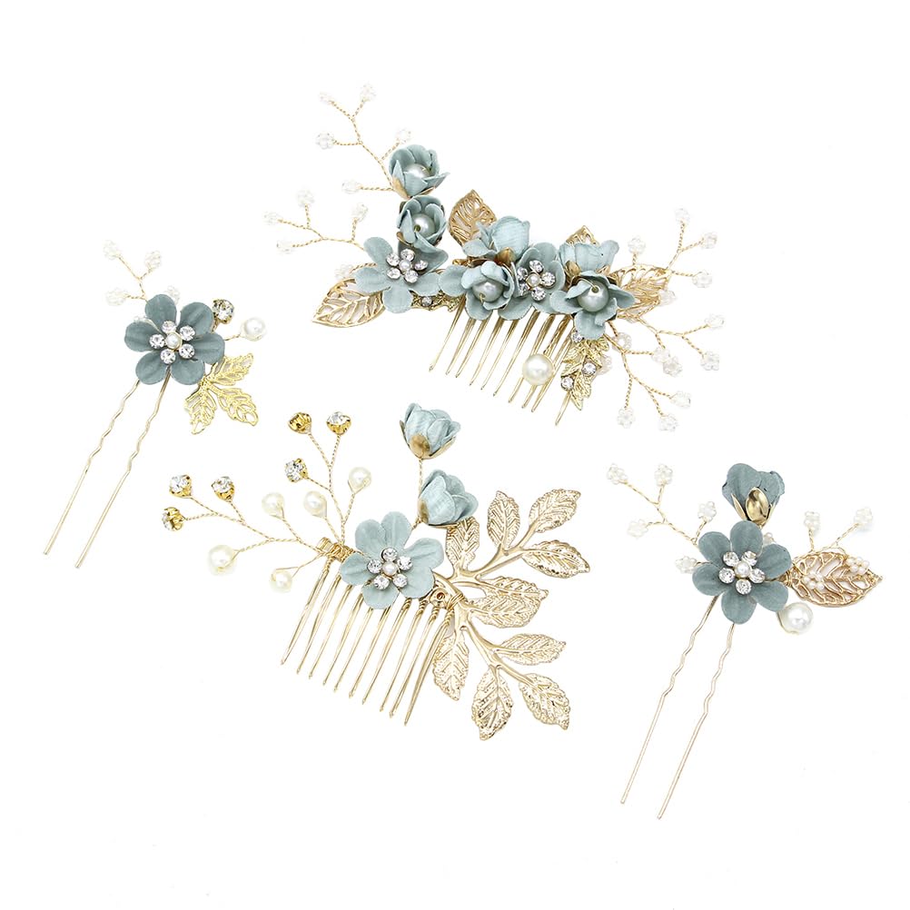 NUOBESTY Wedding Hairpins Set, Decorative Pearl Comb, Flower Bridal Hair Pins Set, Hair Accessories for Brides Girls 4PCS (Green)