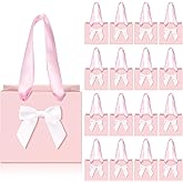 Kolldenn 50 Pcs No DIY Small Gift Bags with Bow Ribbon 4'' x 2.7'' x 4.5'' Mini Pink Paper Thank You Bags Bulk with Handle for Baby Shower Party Favor Wedding Birthday