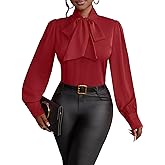 Vrtige Women's Elegant Bow Tie Neck Long Sleeve Blouse Office Shirt Top