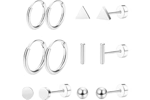 Staligue 6 Pairs Titanium Earrings for Women Men G23 Pure Titanium Earrings for Sensitive Ears Ball Dot Triangle 20G hypoallergenic Titanium Earrings Sets for Multiple Piercing Nap Flat Back Earrings Set
