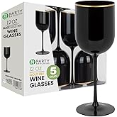 PARTY BARGAINS 12 oz Disposable Plastic Wine Goblets, Shatter-Resistant BPA-Free Stemmed Wine Cups for Weddings, Events & Outdoor Entertaining, Black Gold Rim, 5 Pack
