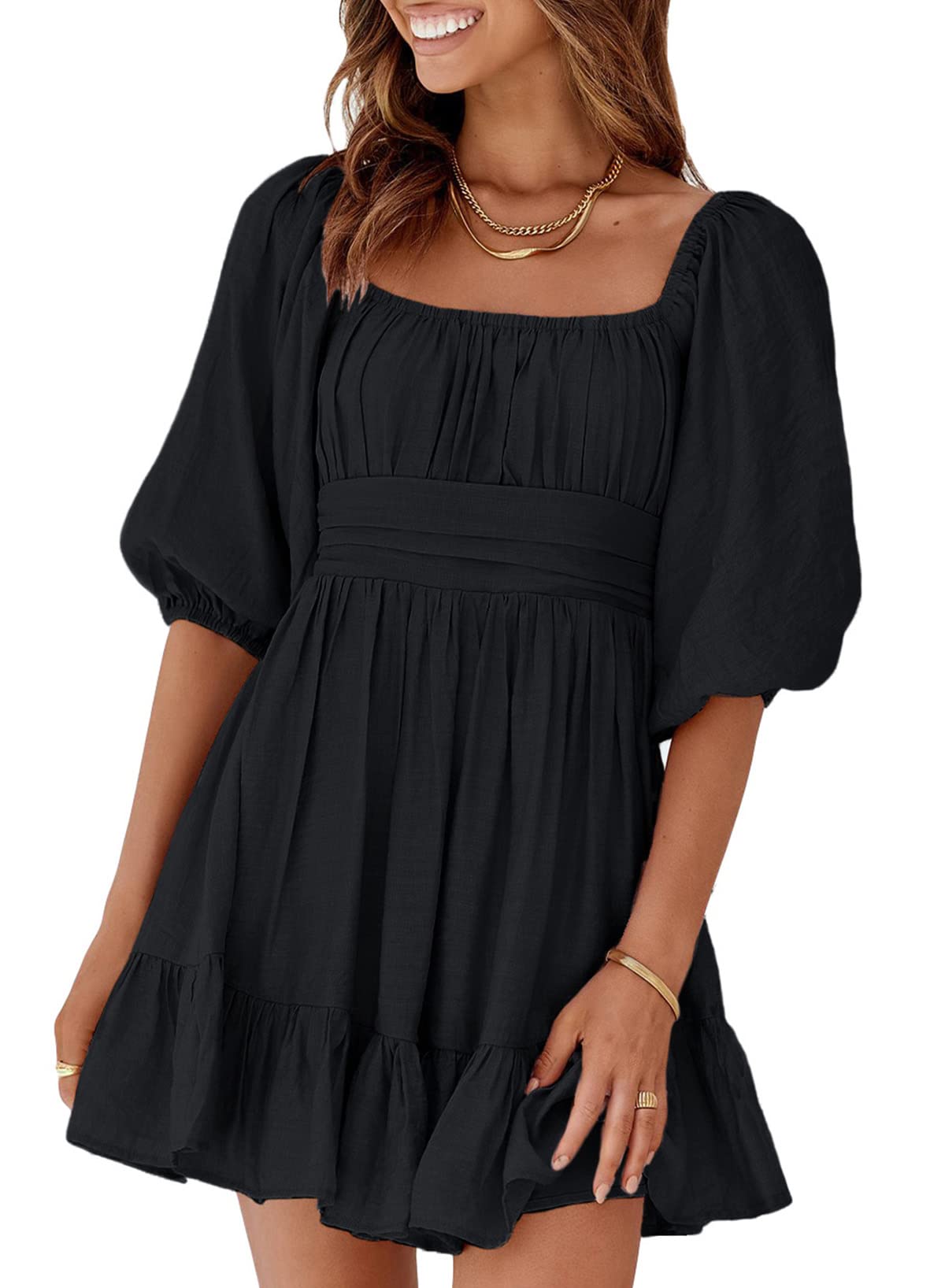 Dokotoo Women Summer Dresses Square Neck Tie Back Lantern Sleeve Maternity Dress Ruffle A-Line Plus Size Black Dress Casual Elastic Waist Sexy Dresses for Women Large