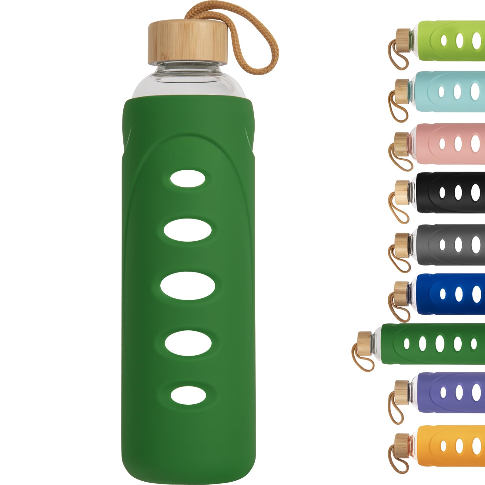 Ferexer 1 litre / 1l / 1000 ml Sport Borosilicate Glass Water Bottle with Protective Silicone Sleeve and Bamboo Lid (dark green)