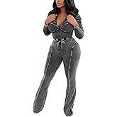 Voghtic Women 2 Piece Outfits Ribbed Bodycon Tracksuit Long Sleeve Zip Up Cropped Jacket Matching Leggings Flared Pants Sets