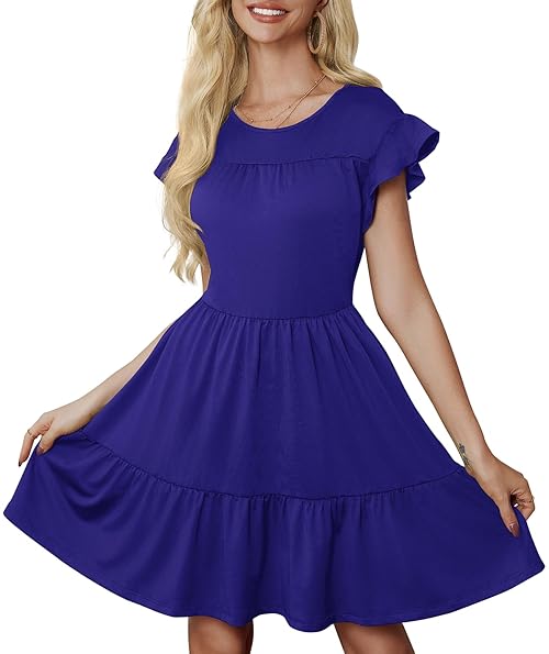 PerZeal Women's Summer Casual Tiered Midi Dress Ruffle Short Sleeve A-Line Flare Swing Dress Solid Cute Beach Sundress Blue X-Large