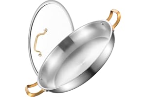 Yeksum 14 Inch Stainless Steel Paella Pan with Lid,Frying Pan, Tri-Ply Even Heating, Induction Ready & Dishwasher Safe – Grea