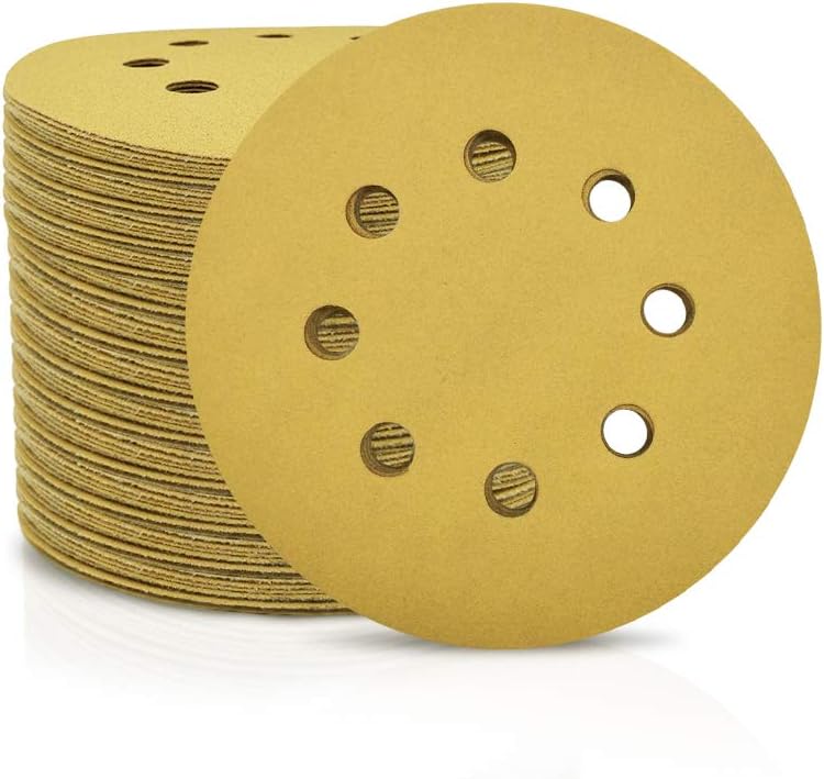 SPEEDWOX 100 Pcs 5 Inches 8 Hole Sanding Discs 180 Grit Dustless Hook and Loop Sandpaper for Random Orbital Sander Yellow Finishing Discs for Automotive Woodworking