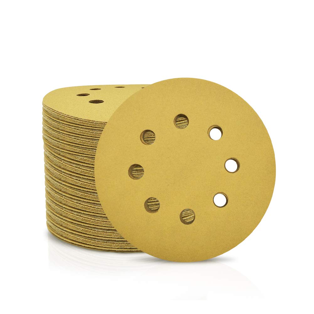 SPEEDWOX 100 Pcs 5 Inches 8 Hole Sanding Discs 180 Grit Dustless Hook and Loop Sandpaper for Random Orbital Sander Yellow Finishing Discs for Automotive Woodworking