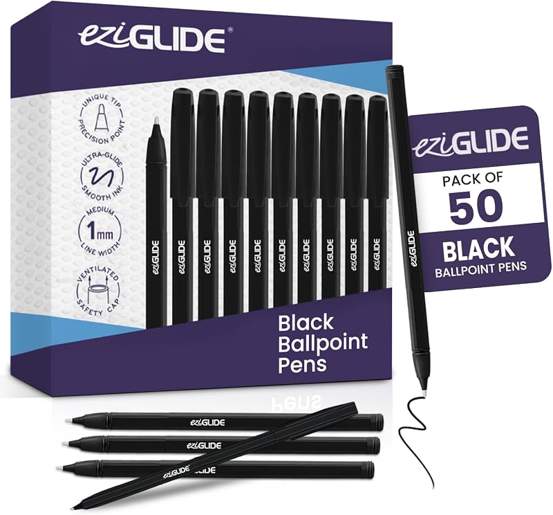 Eziglide Ballpoint Pens Black Ink 50 Pack Medium Point 1.0mm