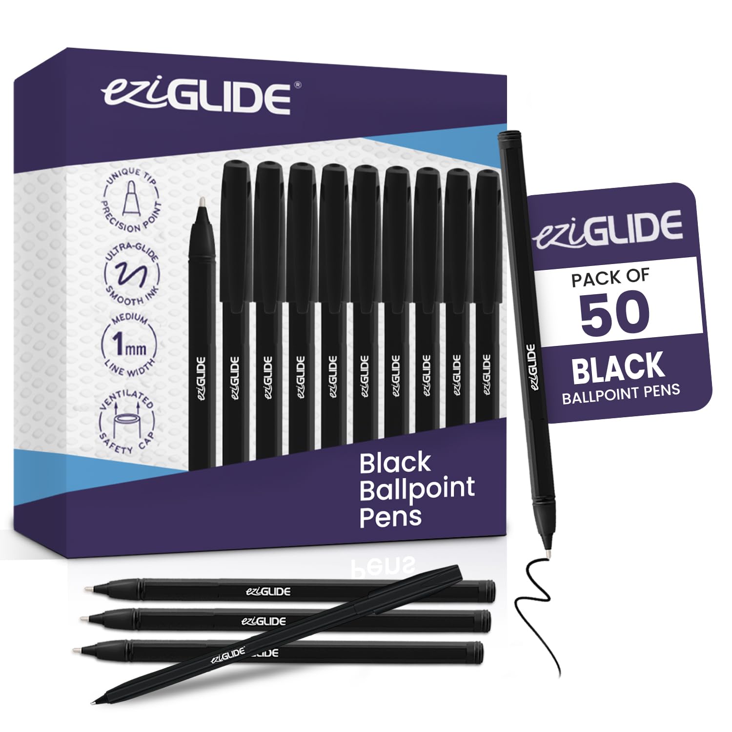 Eziglide Ballpoint Pens Black Ink 50-Pack – Black Biro Pens Multipack with Medium Point (1.0mm) for Effortless, Smooth Handwriting & Consistent Flow – Black Pens for School, Home, Office Supplies — image 1