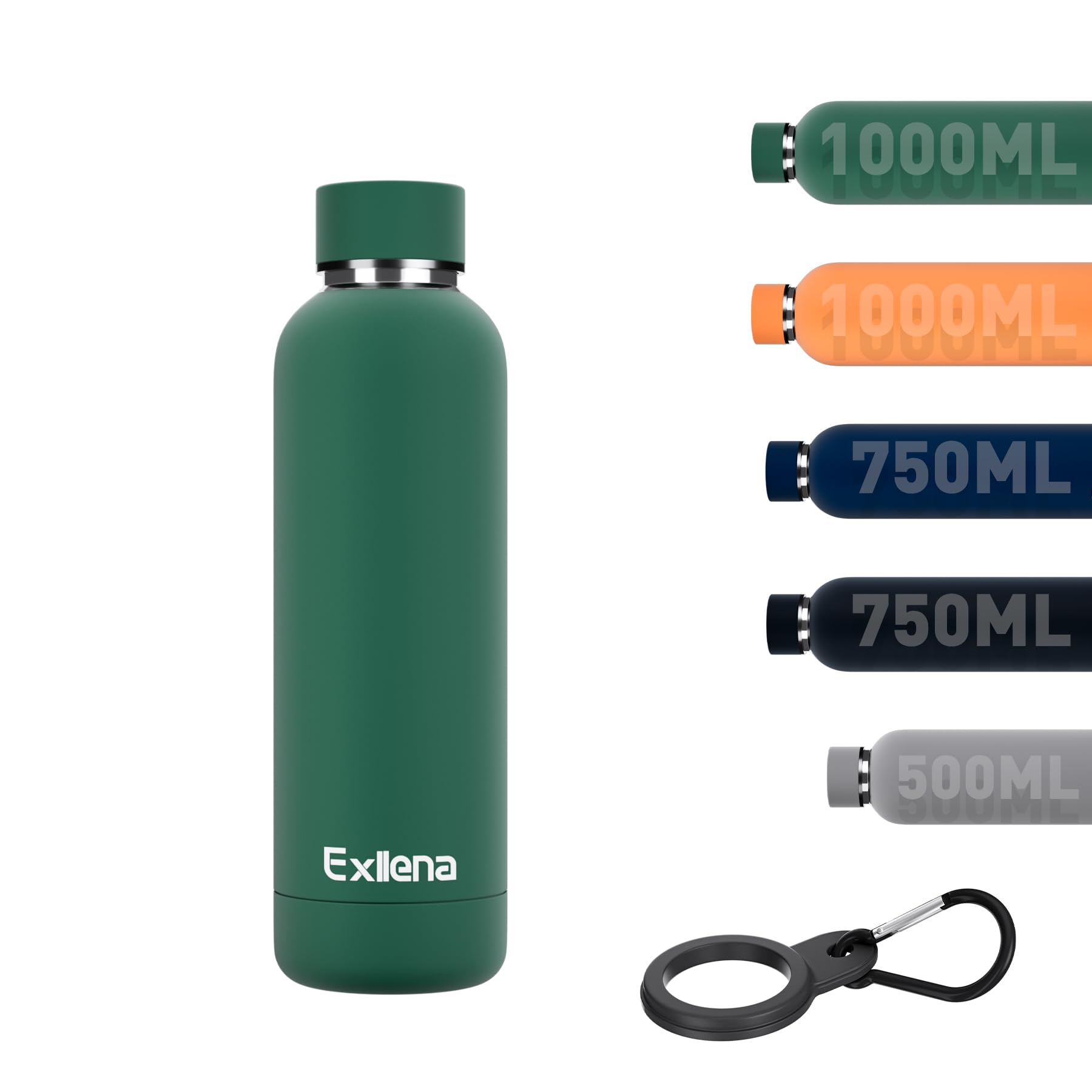 Exllena Insulated Water Bottles 500ml with Clip, Double Wall Vacuum Drinks Bottle Keeps Drinks Cold 24 Hrs/Hot 12 Hrs, Stainless Steel Water Bottle BPA Free (Emerald Green)