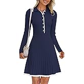 MEROKEETY Women's Long Sleeve V Neck Sweater Dress 2026 Fall Button Knit Pleated Mini Work Dresses
