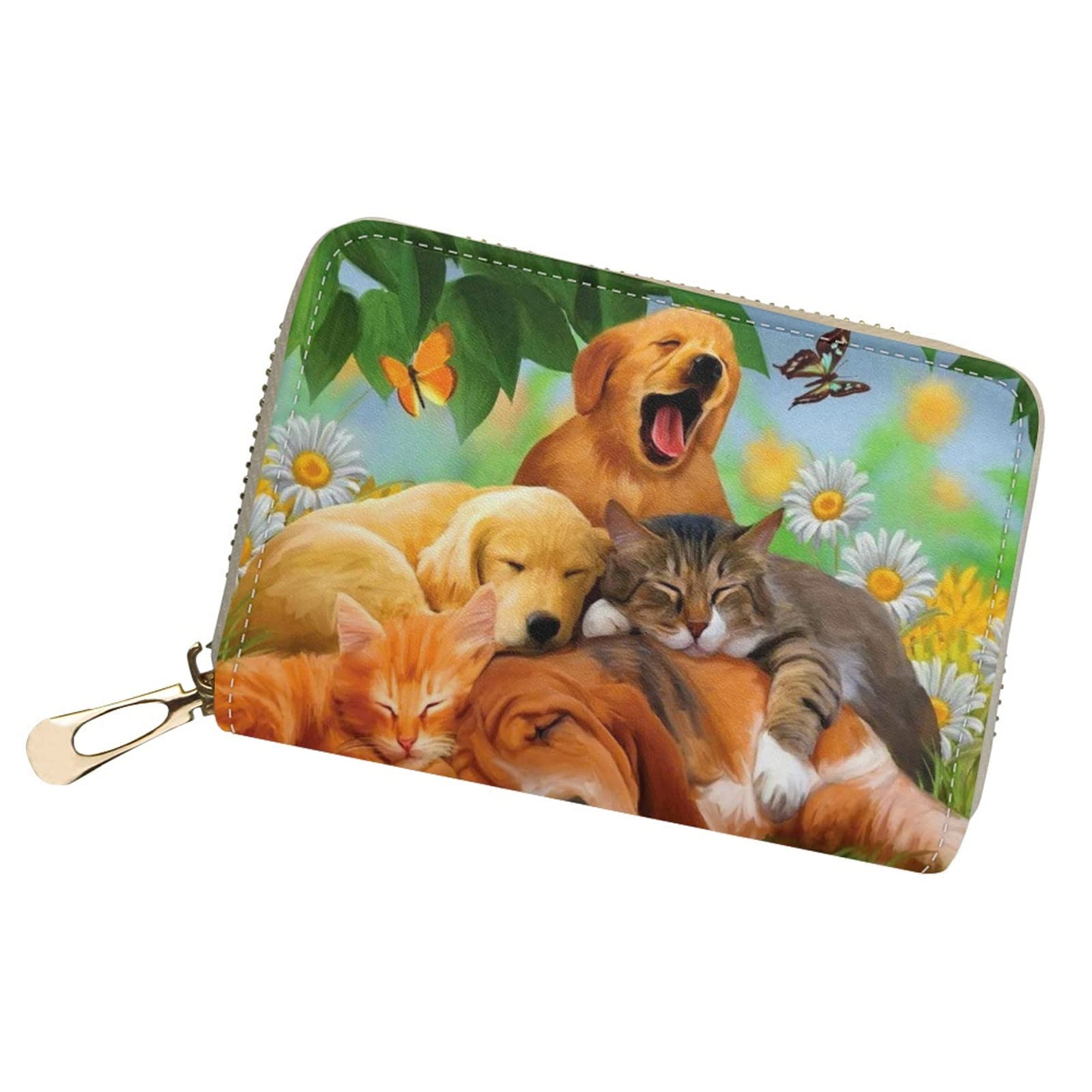 Poceacles Dog and Butterfly Print Small Credit Card Wallet, Cute ID Card Holder Purse Leather Card Organzier Organizer Zipper Wallet for Women