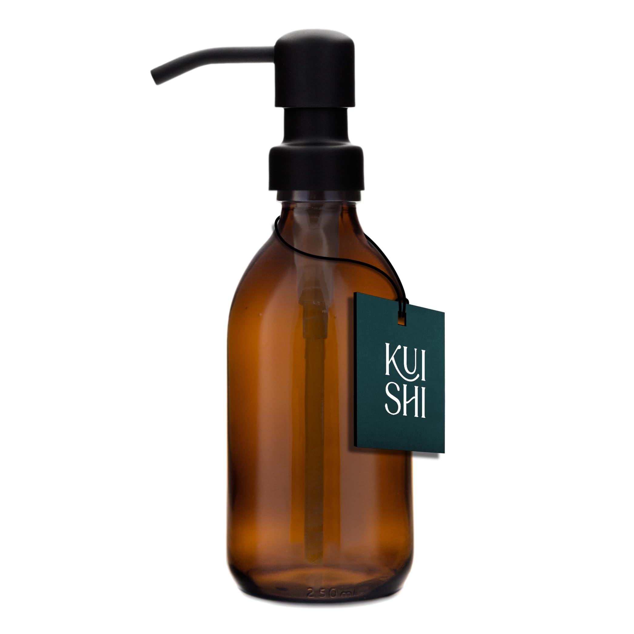 Kuishi Glass Soap Dispenser with Black Stainless Steel Pump - 250ml Refillable BPA-Free Hand Soap Dispenser for Kitchen & Bathroom, Amber