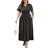 Actcat Plus Size Maxi Dresses for Curvy Women Short Sleeve Wrap V-Neck Summer Dress with Pockets