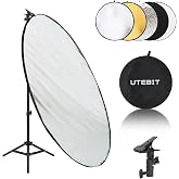 UTEBIT 43"/110cm Photography Reflector with Stand &amp; Clamp | 5-in-1 Multi Disc Translucent/Silver/Gold/White/Black Photography Reflector Collapsible Light Reflector for Studio Outdoor