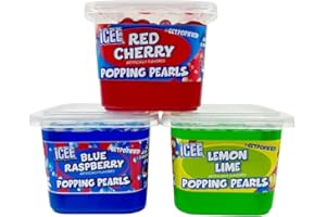 ICEE by BobaVida Blue Raspberry, Red Cherry & Lemon Lime Popping Boba Pearls Variety Pack | Popping Boba For Drinks & Desserts | Includes Straws | Fruit Boba Pearls | 1 Flavor Each (3 Tubs)