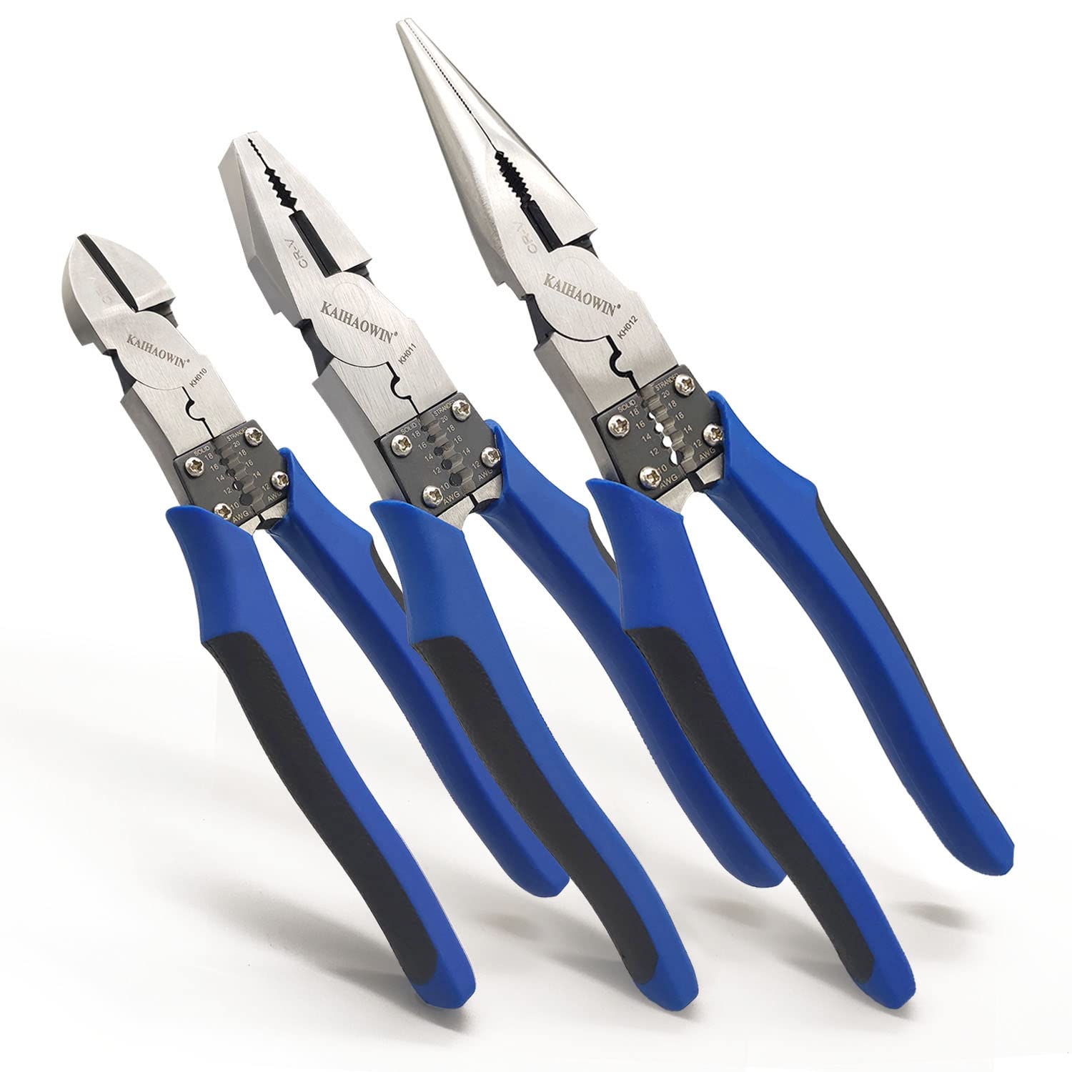 KAIHAOWIN 3 PCS Multifunctional Pliers, Heavy Duty 8" Diagonal Cutting Pliers, 8" Linesman Pliers, 9" Needle Nose Pliers with Portable Tools Belt Holsters
