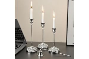 BEAHOT Silver Candle Holders, Set of 3 with Matching Candle Snuffer – Elegant Durable Non-Slip Candlestick Holders for Christmas Decorations Wedding Centerpiece, Dining Table & Home Gift Display
