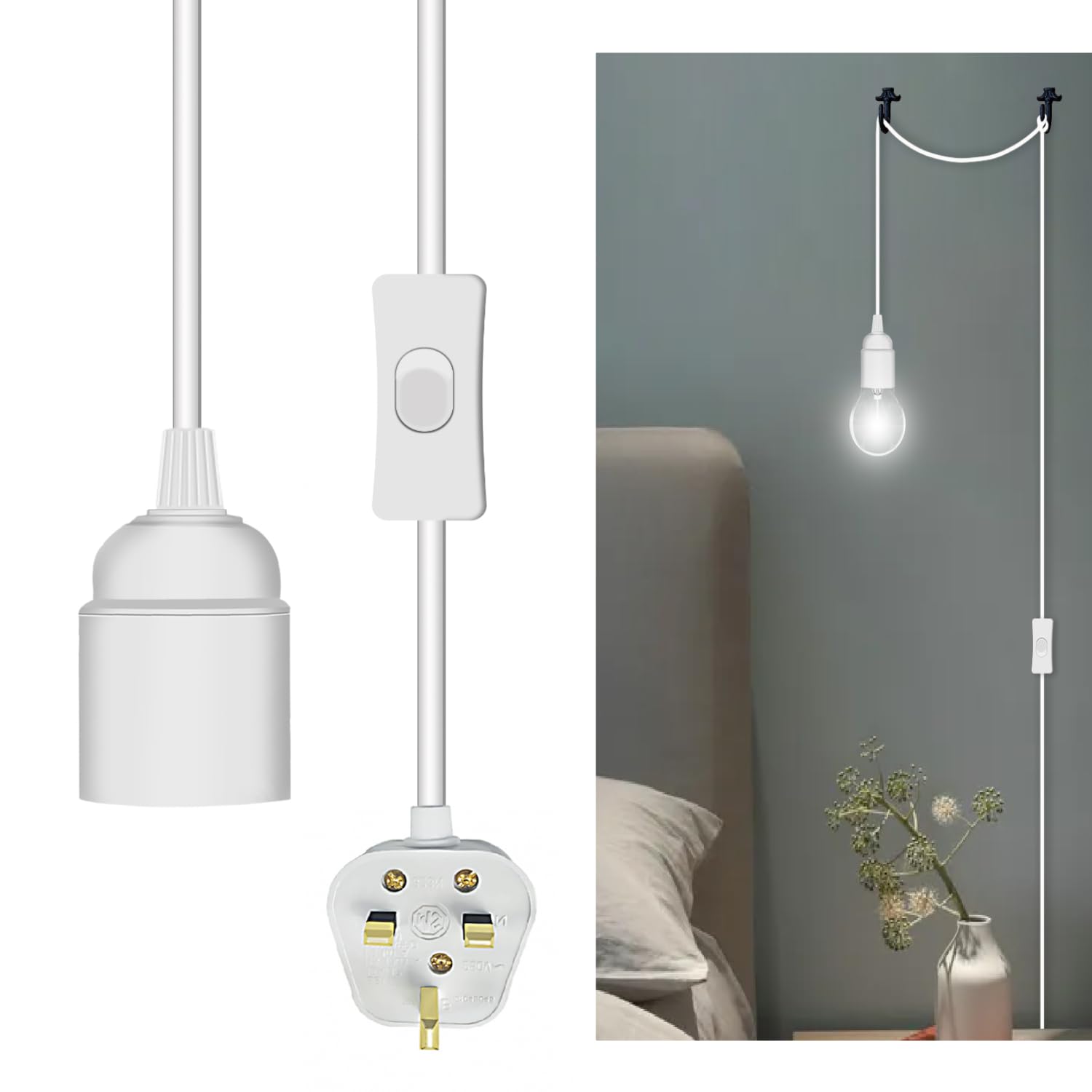 Plug in Light Fittings, White Plug in Ceiling Light Fixture, E27 Lamp Holder Suspended Pendant Light Fitting, 4.5 M Lamp Cable with Switch and Plug, Extension Hanging Lamp for Loft Garage Bedroom