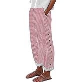 XNDYOM Women's Cotton Linen Striped Pants Straight Leg Side Button High Waisted Summer Casual Trousers