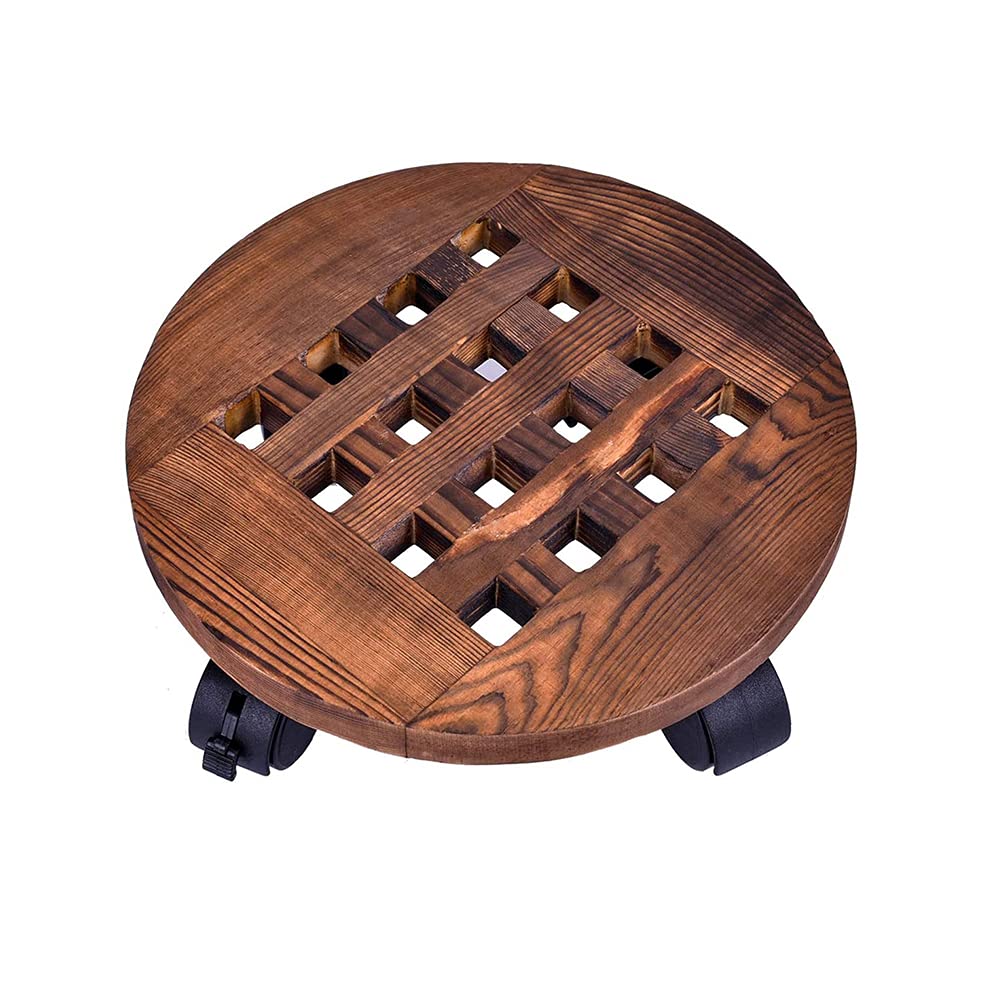 Wooden Planter Caddy, 25 cm / 9.8 inch Planter Trolley, Flower Pot Rack with wheels, Carbonized, Corrosion Resistant, Waterproof, with 360° Rotating Casters, for Indoor Outdoor Home Garden (Brown)