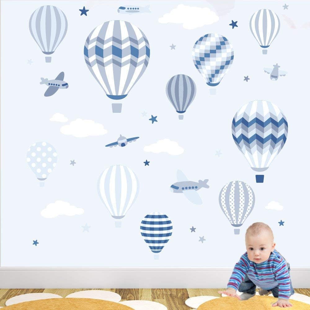 Hot Air Balloon Wall stickers, Jets and Planes, white clouds & stars. Kids Wall Decal. Baby Boys Decor,Blue and Grey Nursery, Deluxe
