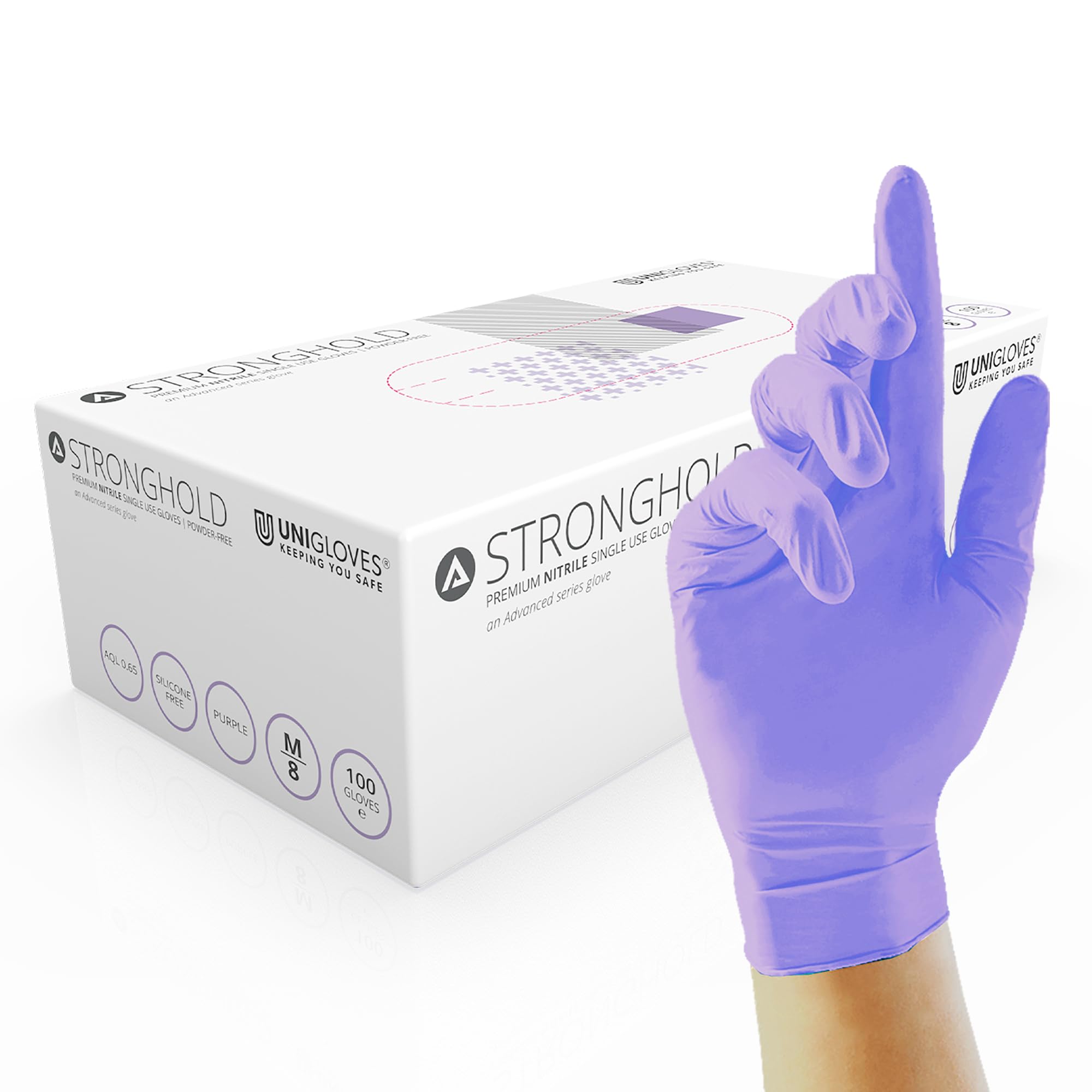 Unigloves Advanced Stronghold+ GM0073 Nitrile Examination - Multipurpose, Powder Free, Latex Free Disposable Gloves, Box of 100 Gloves, Purple, Medium
