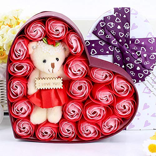 Migavan Rose Soap, 20pcs Rose Flower Soap Artificial Flora Scented Bath Soap with Bear Toy for Mom Girls Lovers Birthday Valentines Day New Year Gifts Red
