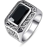 Yaresul 12x8mm Simulated Mens Gemstone Ring Stainless Steel Vintage Celtic Mens Ring, Blue|Red|Black Stone Signet Style Rings for Men Wedding Gift for Husband, Father, Grandpa Size 8-12