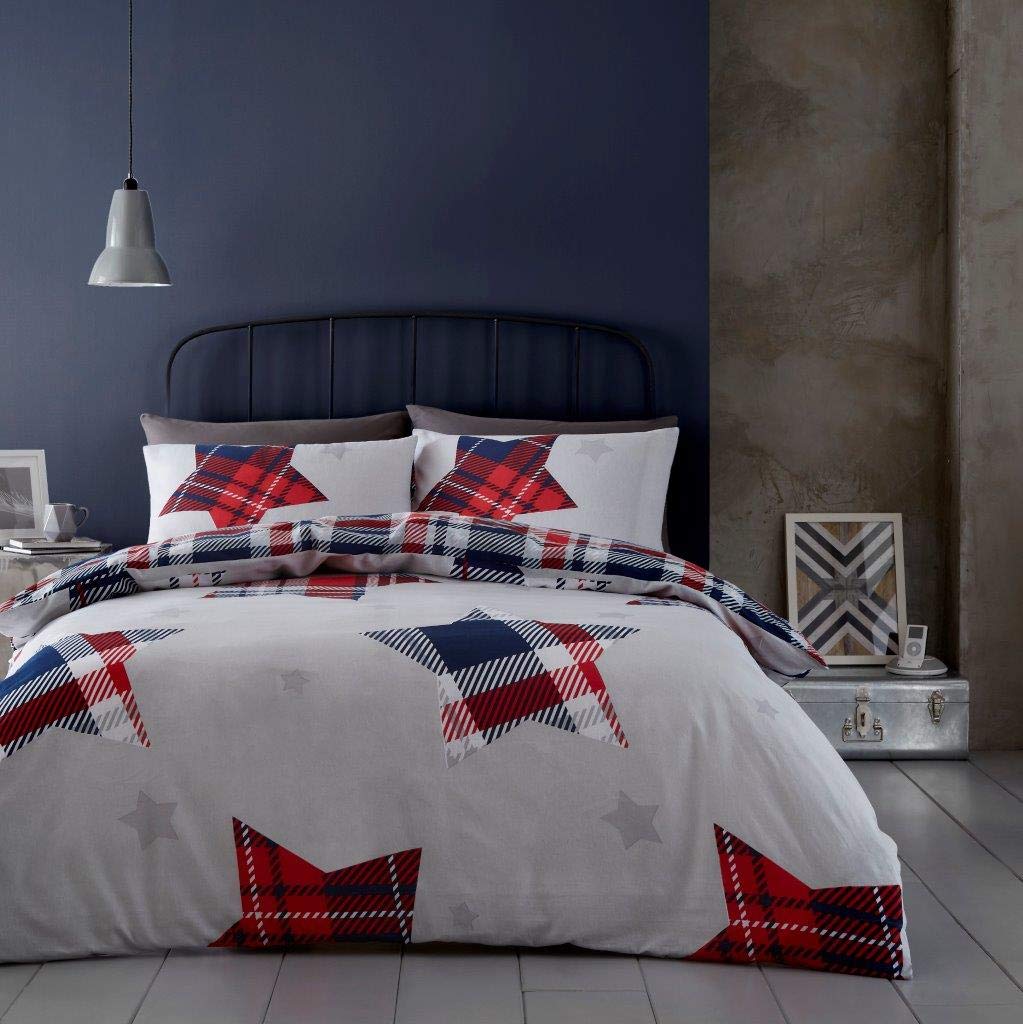 Gaveno Cavailia Navy Jaden Stars Flannel Duvet Set King, 100% Brushed Cotton Tartan Check Bedding, 3 Piece Cosy Warm Easy Care Reversible DuvetCover Bedset, 1 Quilt Cover and 2 Pillow Cases