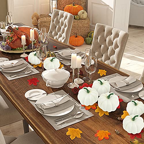 HiPatio Artificial Pumpkins Decoration,12 Pcs Harvest Fall White Pumpkins Fake Foam Pumpkins with 30 Pcs Maple Leaves 1PC String Lights for Autumn Decor Wedding Halloween Thanksgiving Party Decor