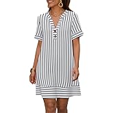 kipfall Summer Dresses for Women Casual Short Sleeve V Neck Sundresses Striped Printed Short Dress with Pocket