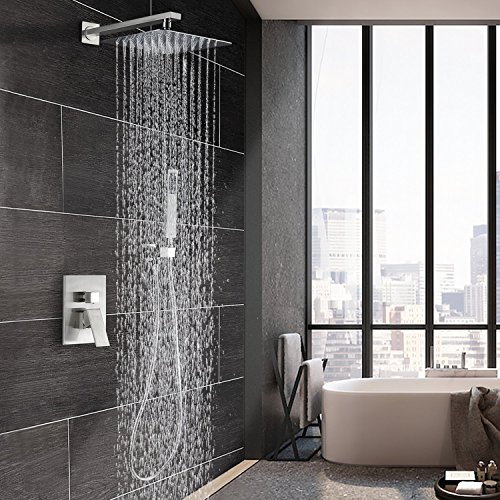 Esnbia Shower System, Brushed Nickel Shower Faucet Set with Valve and 12" Rain Shower Head Systems Wall Mounted Shower Combo Set for Bathroom All Metal