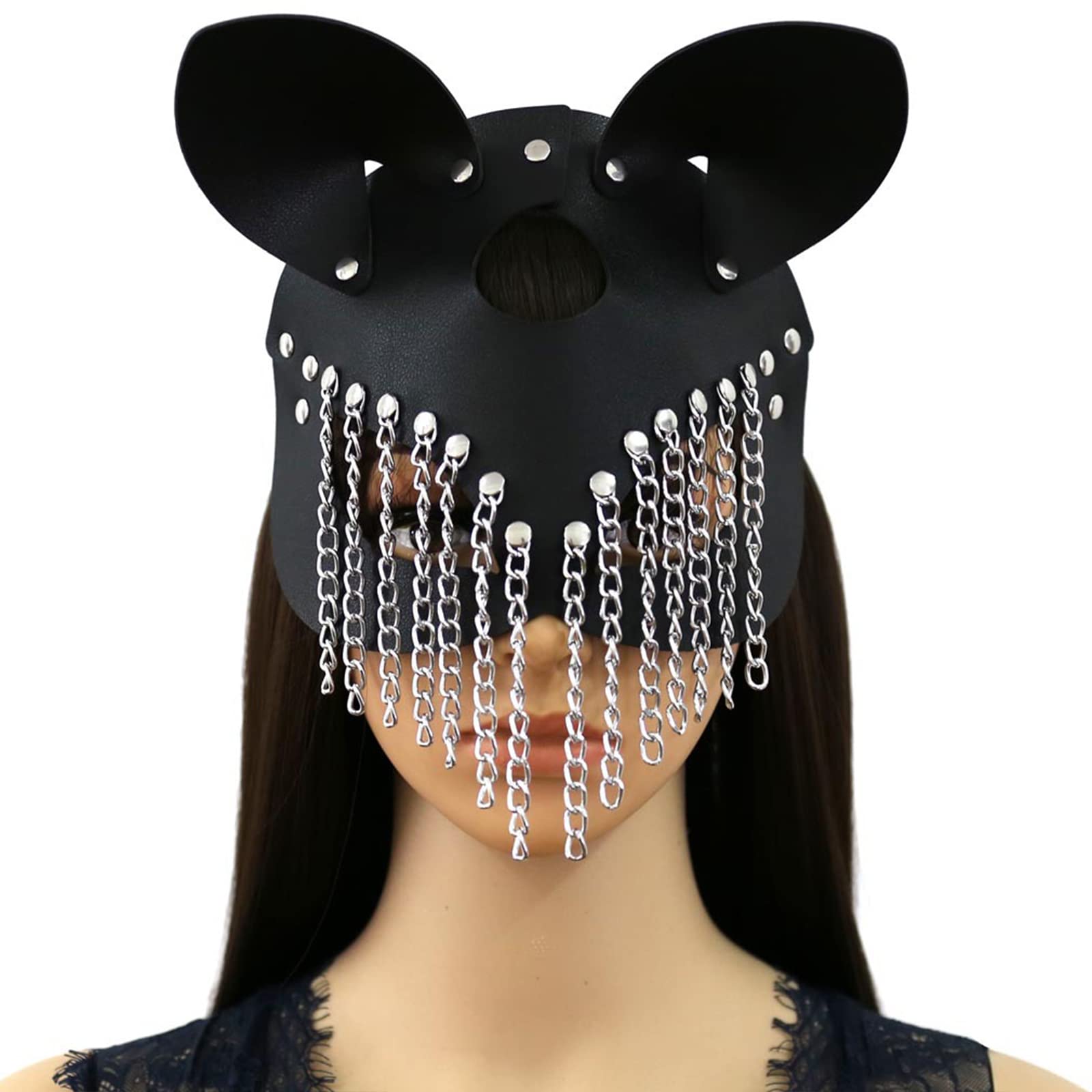 Moonlove PU Leather Cat Mask with Chain Tassels for Women Men, Costume Cosplay Halloween Mysterious Half Face Punk Mask for Carnival Night Club Rave Christmas Party