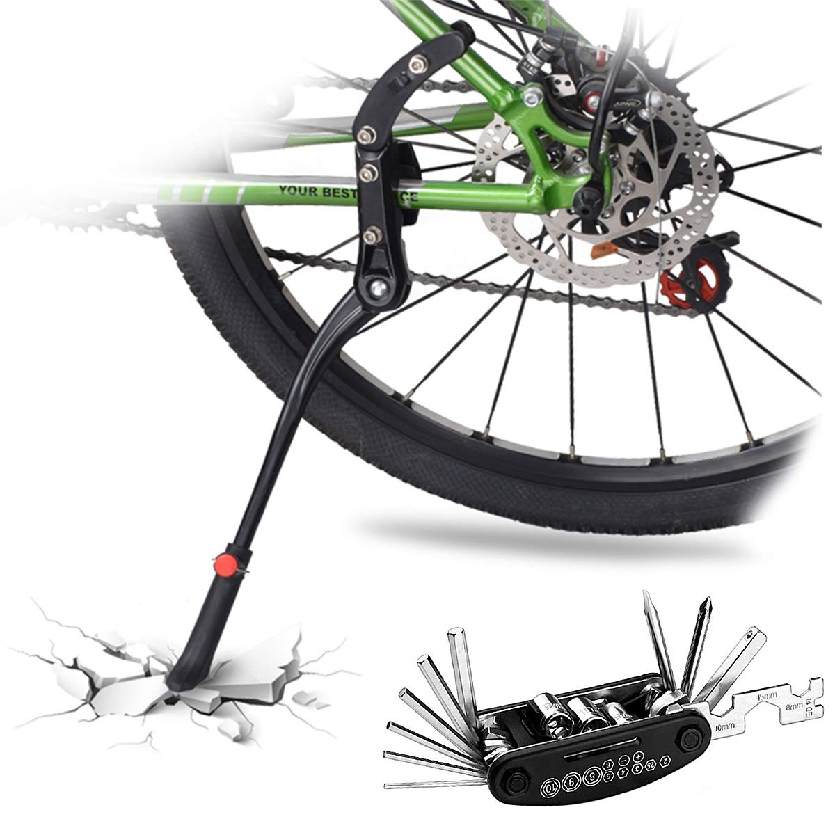 DOBEN Bicycle Kickstand - Adjustable Aluminium Alloy Prop Stand with Multi Bicycle Tool, Fits 24-29 Inch Bikes