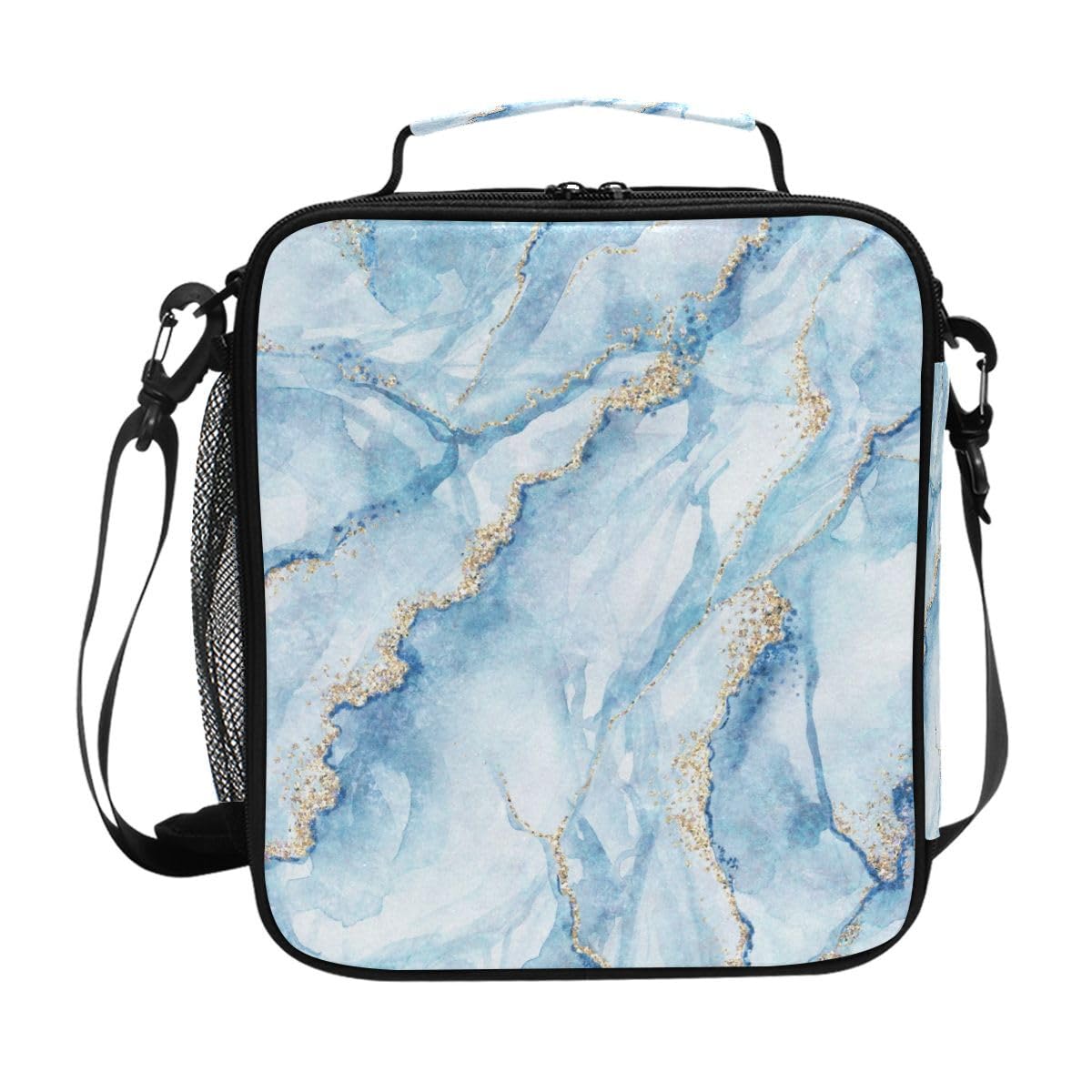 Lunch Bags for Kids Boys Girls Toddler, Sky Blue Marble with Gold Reusable Insulated Lunch Box, Lunch Cooler Bag Organizer with Adjustable Shoulder Strap