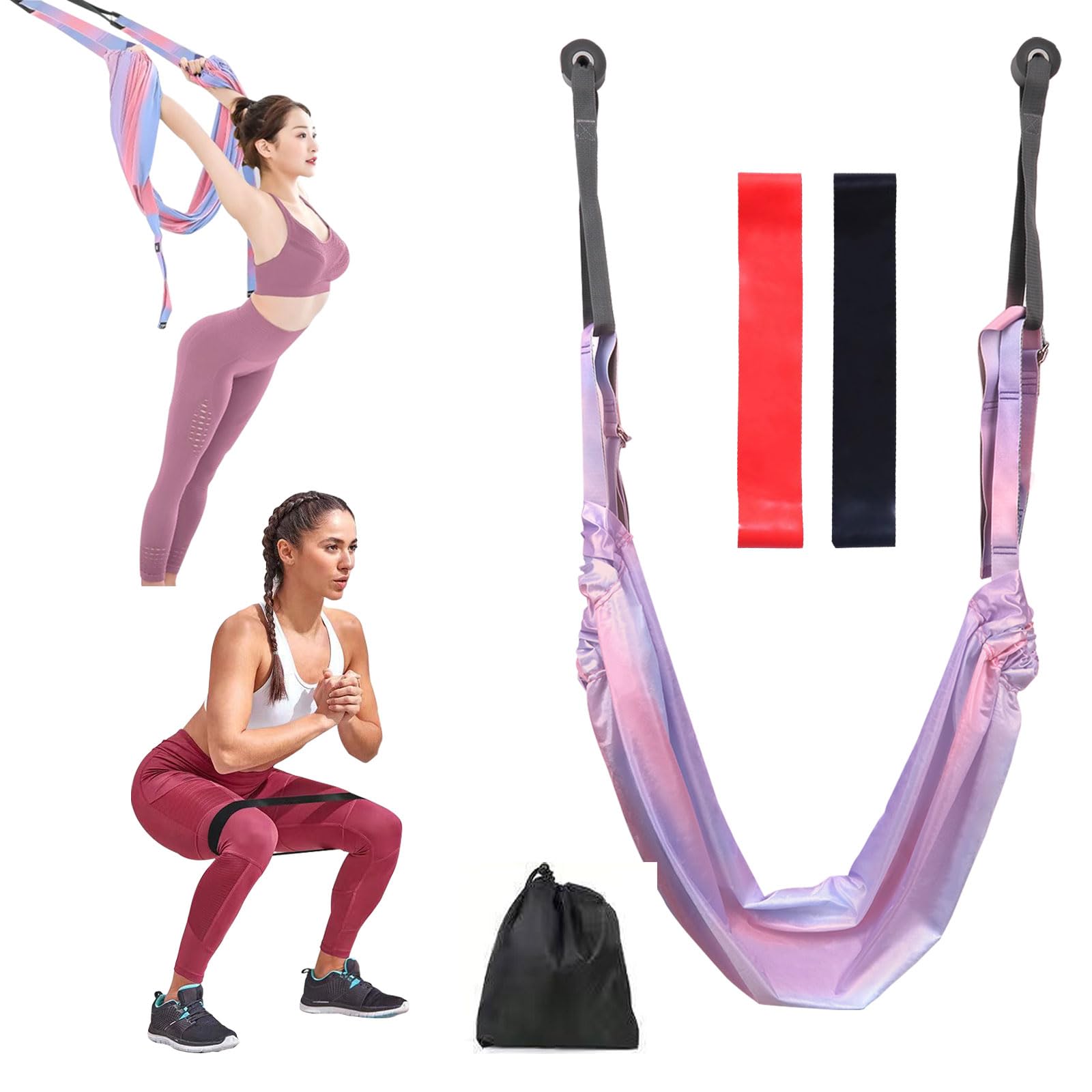 Yoga Straps for Stretching, Aerial Yoga Hammock Silks with 2 Resistance Bands, Gymnastics Equipment, Pilates Reformer Machine Kit, Yoga Wheel for Aerial Yoga, Fitness, Splits (Pink Purple)