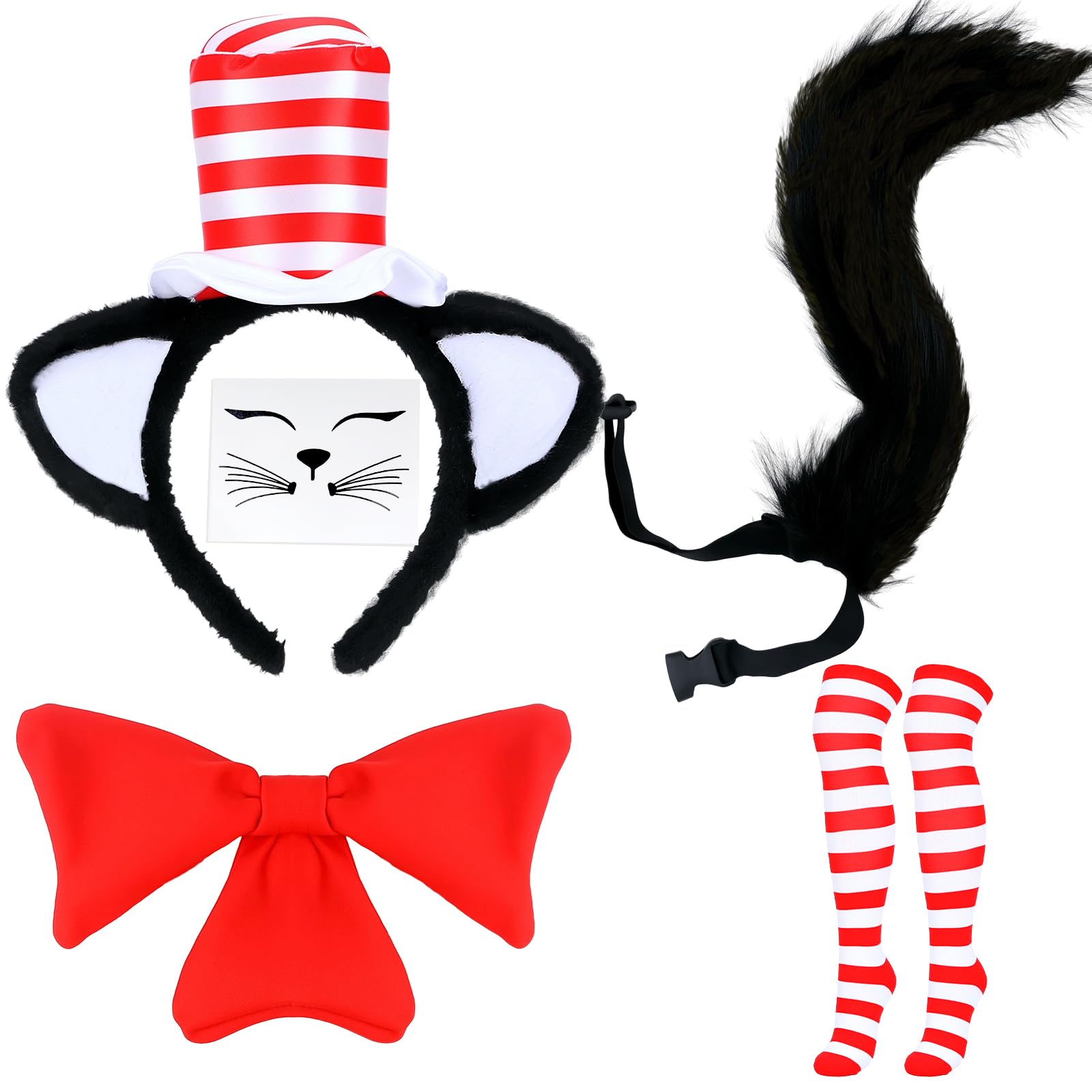 gyoyede Cat Costume Accessory Set, World Book Day Costumes for Kids Boys Girls 2026 - Hat Headband、Red Bow Tie and Tail for Storybook Cat Character Outfit WBD Fancy Dress Up Cosplay Party Accessories