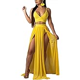 Women Sexy 2 Piece Outfits Dress Chiffon Strap Deep V Neck Bra Crop Top High Split Maxi Dresses Skirt Set