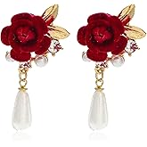 Vintage Camellia Pearl Stud Earrings for Women Rhinestone Red Camellia Flower Pearl Water Droplet Tassel Dangle Earrings Wedding Jewelry